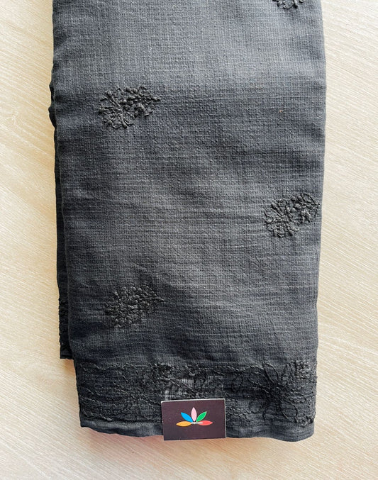 Black Hand embroidered Chikankari Kota Cotton Saree - 25453-25454