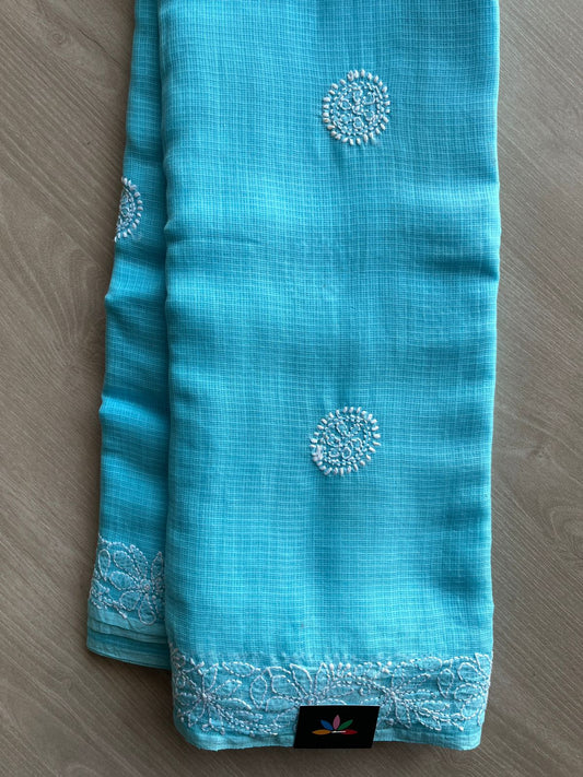 Hand embroidered Chikankari Kota Cotton Saree - 28576-28577