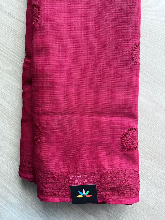 Reddish Maroon Hand embroidered Chikankari Kota Cotton Saree - 31074