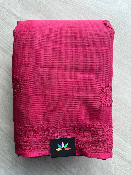 Reddish Maroon Hand embroidered Chikankari Kota Cotton Saree - 31074