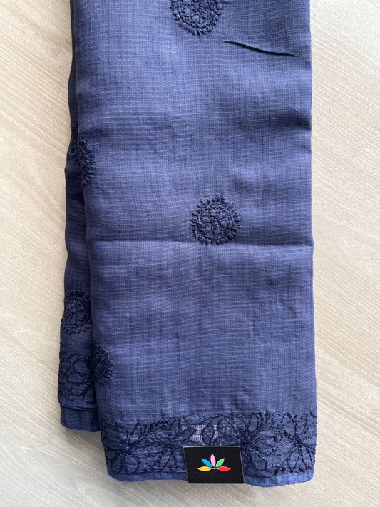 Midnight Indigo Hand embroidered Chikankari Kota Cotton Saree - 31077