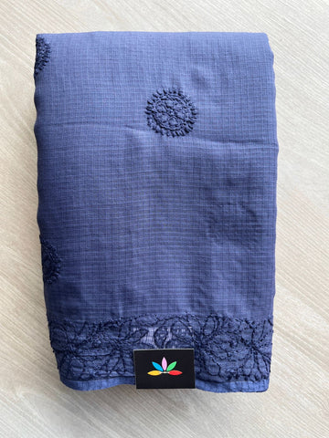 Midnight Indigo Hand embroidered Chikankari Kota Cotton Saree - 31077