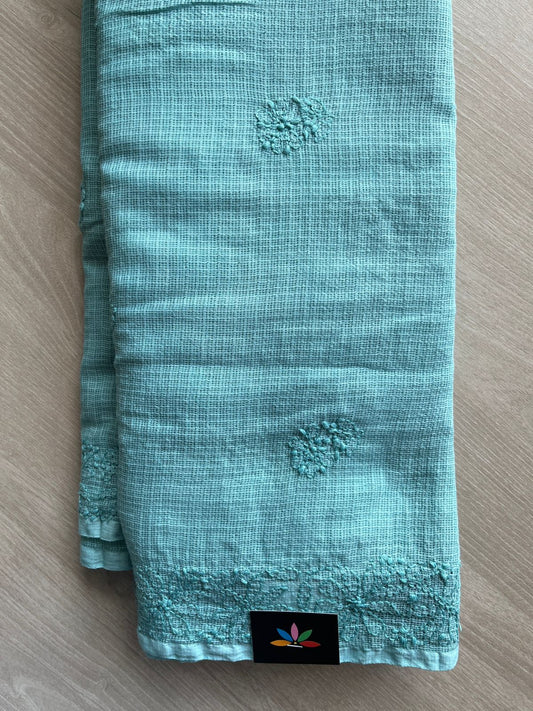 Dusty Teal Blue Hand embroidered Chikankari Kota Cotton Saree - 31080