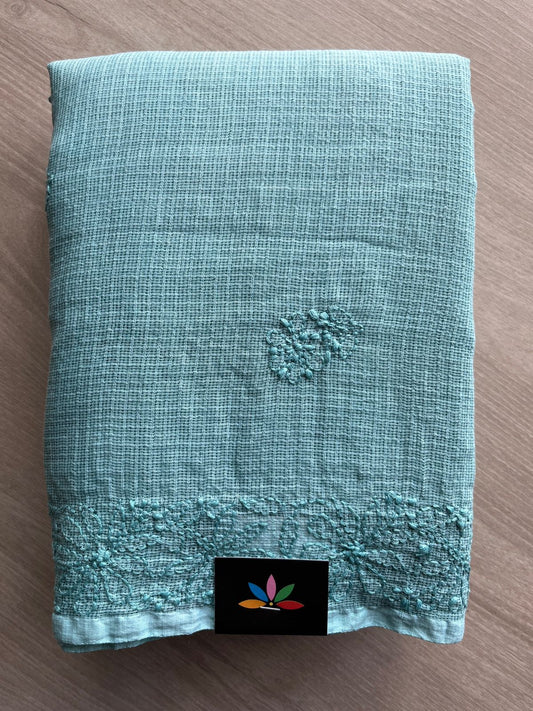 Dusty Teal Blue Hand embroidered Chikankari Kota Cotton Saree - 31080