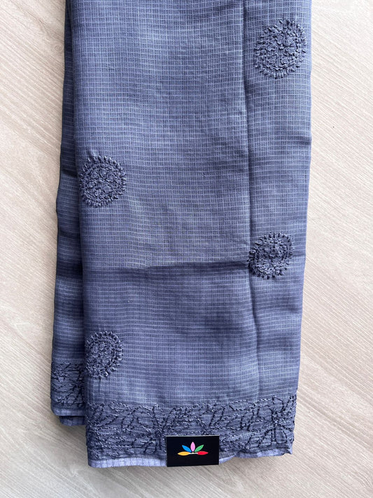 Grayish Blue Hand embroidered Chikankari Kota Cotton Saree - 31081