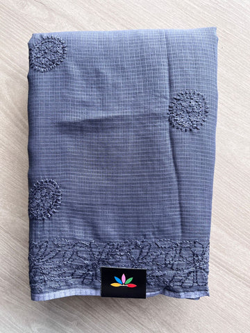 Grayish Blue Hand embroidered Chikankari Kota Cotton Saree - 31081