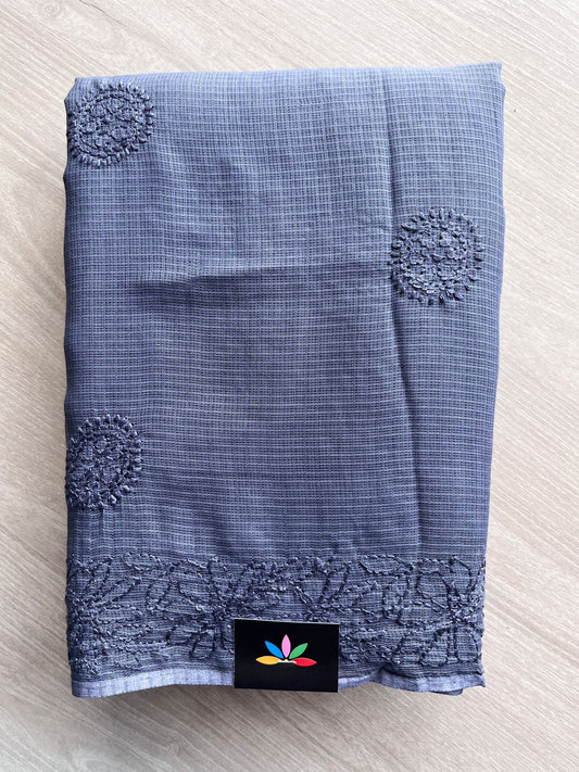 Grayish Blue Hand embroidered Chikankari Kota Cotton Saree - 31081