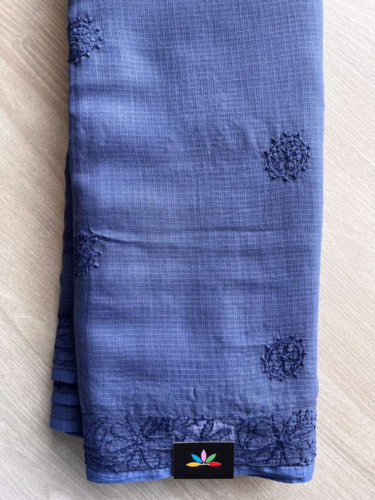 Periwinkle Indigo Blue Hand embroidered Chikankari Kota Cotton Saree - 31085