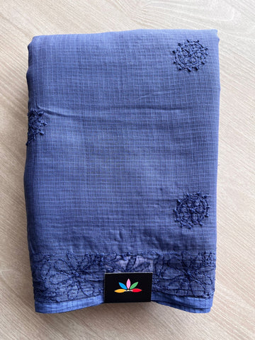 Periwinkle Indigo Blue Hand embroidered Chikankari Kota Cotton Saree - 31085