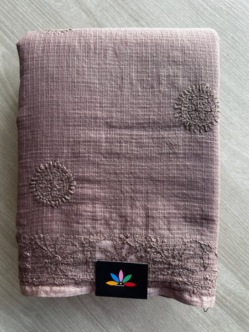 Dusty Mauve Taupe Hand embroidered Chikankari Kota Cotton Saree - 31709