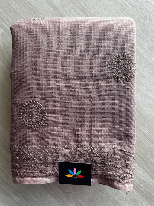 Dusty Mauve Taupe Hand embroidered Chikankari Kota Cotton Saree - 31709
