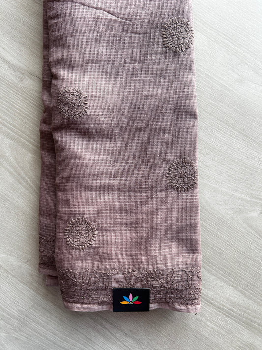 Dusty Mauve Taupe Hand embroidered Chikankari Kota Cotton Saree - 31709