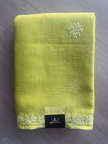 Lime Yellow Hand embroidered Chikankari Kota Cotton Saree - 31714