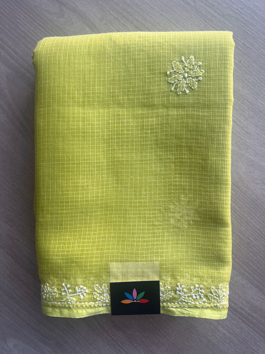 Lime Yellow Hand embroidered Chikankari Kota Cotton Saree - 31714