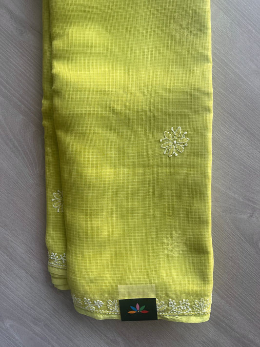 Lime Yellow Hand embroidered Chikankari Kota Cotton Saree - 31714