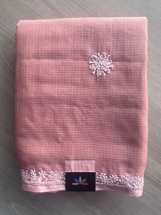 Faded Pink Hand embroidered Chikankari Kota Cotton Saree - 31715