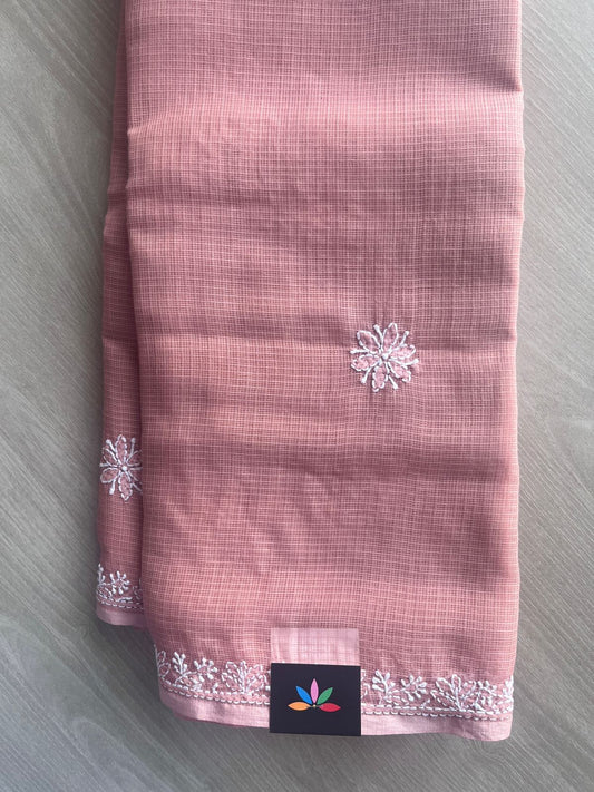 Faded Pink Hand embroidered Chikankari Kota Cotton Saree - 31715