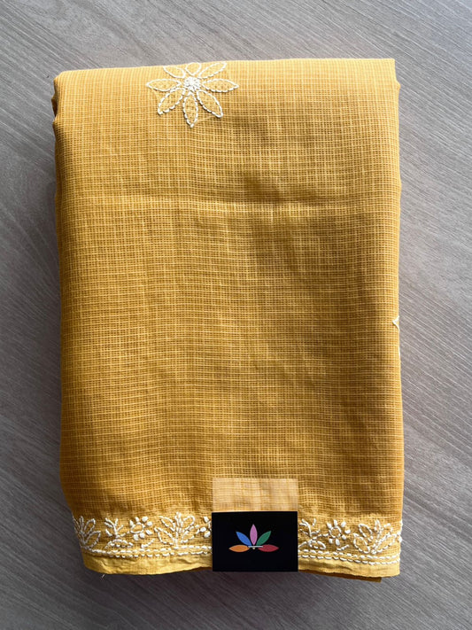 Sand Brown Hand embroidered Chikankari Kota Cotton Saree - 31719_31720
