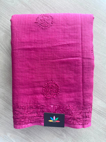 Dark Hot Pink Hand Embroidered Chikankari Kota Cotton Saree - 33169