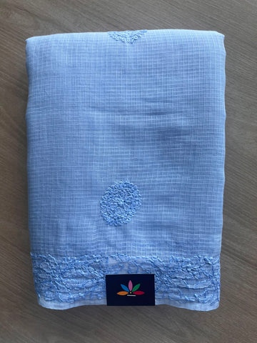Jordy Blue Hand Embroidered Chikankari Kota Cotton Saree - 33170