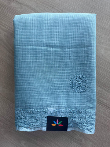 Dark Sky Blue Hand Embroidered Chikankari Kota Cotton Saree - 33171