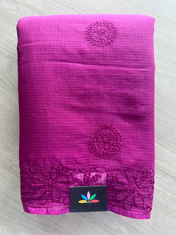 Dark Pink Hand Embroidered Chikankari Kota Cotton Saree - 33172