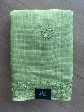 Pistachio Green Hand Embroidered Chikankari Kota Cotton Saree - 33173