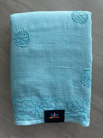 Matte Sky Blue Hand Embroidered Chikankari Kota Cotton Saree - 33175