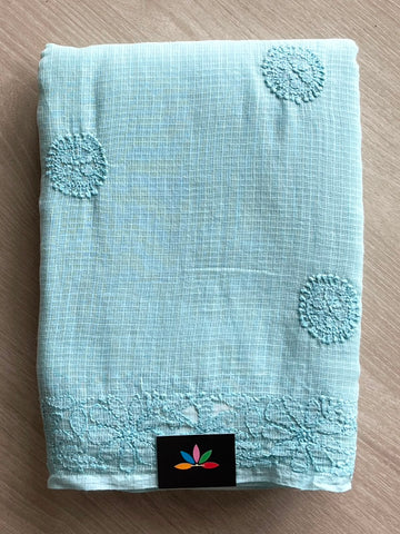 Pastel Blue Hand Embroidered Chikankari Kota Cotton Saree - 33175