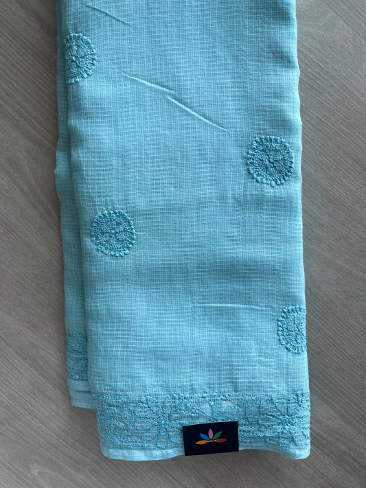 Matte Sky Blue Hand Embroidered Chikankari Kota Cotton Saree - 33175