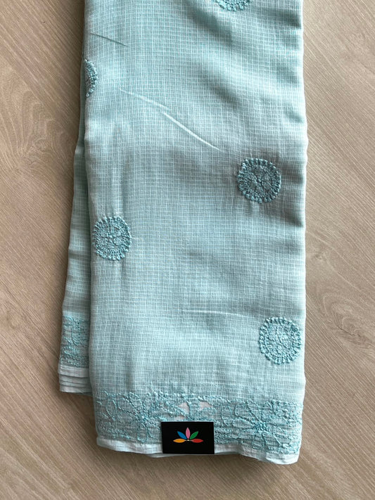 Pastel Blue Hand Embroidered Chikankari Kota Cotton Saree - 33175