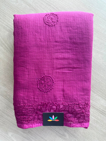 Dark Pink Hand Embroidered Chikankari Kota Cotton Saree - 33176