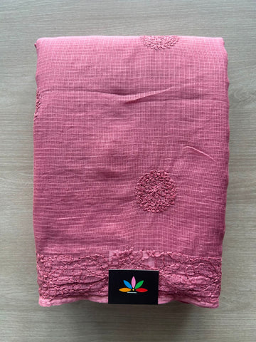 Thulian Pink Hand Embroidered Chikankari Kota Cotton Saree - 33178