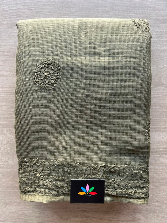 Thayer Green Hand Embroidered Chikankari Kota Cotton Saree - 33179