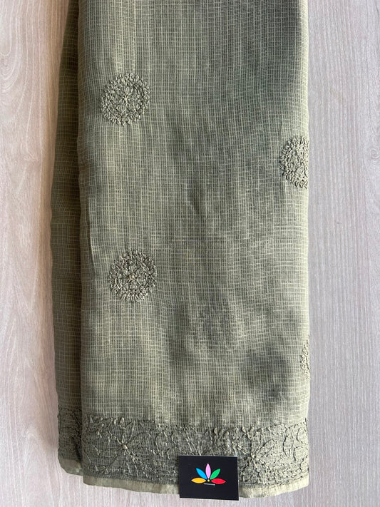 Thayer Green Hand Embroidered Chikankari Kota Cotton Saree - 33179