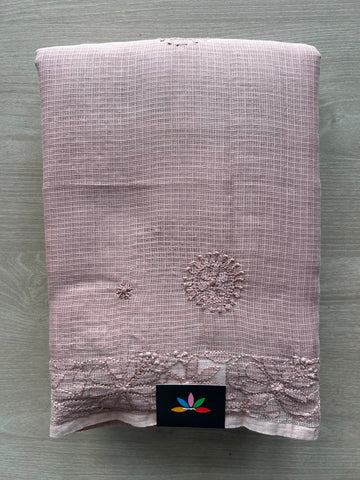 Light Mauve Hand Embroidered Chikankari Kota Cotton Saree - 33180