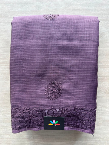 Muted Purple Hand Embroidered Chikankari Kota Cotton Saree - 33181