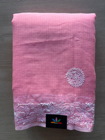Baby Pink Hand Embroidered Chikankari Kota Cotton Saree - 33182