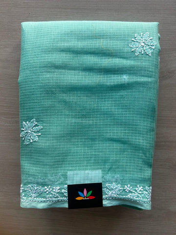 Light Sea Green Hand Embroidered Chikankari Kota Cotton Saree - 33184
