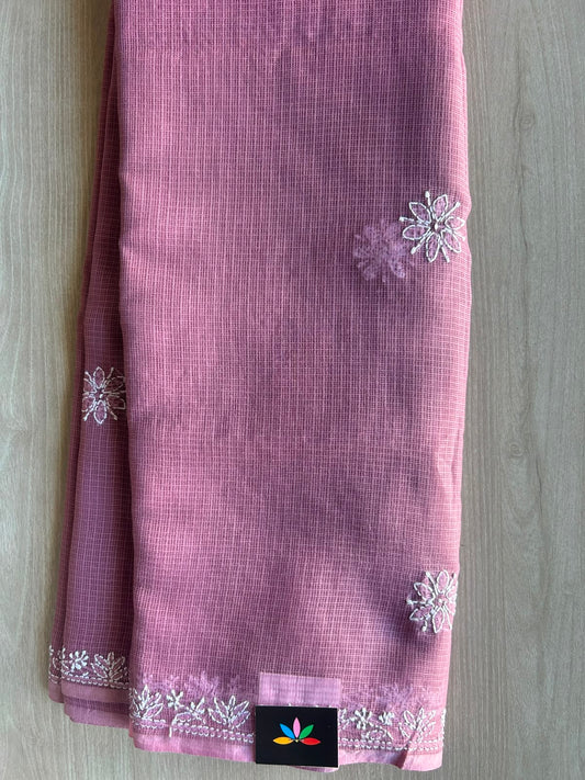 Muted Pink Hand Embroidered Chikankari Kota Cotton Saree -33185-33186