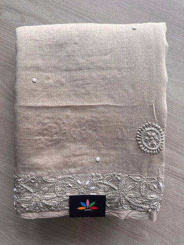 Handcrafted Chikankari with Bead Work Chanderi Silk Cotton Saree - 33191
