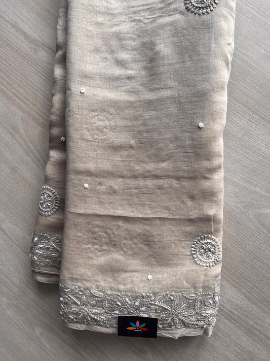 Handcrafted Chikankari with Bead Work Chanderi Silk Cotton Saree - 33191