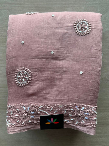 Light Blush Pink Handcrafted Chikankari with Bead Work Chanderi Silk Cotton Saree - 33192