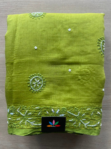 Bright Olive Shade Handcrafted Chikankari with Bead Work Chanderi Silk Cotton Saree - 33193