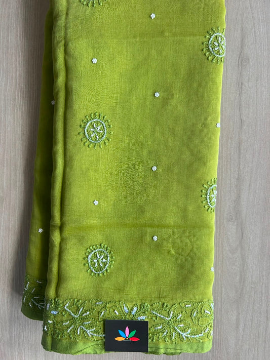 Bright Olive Shade Handcrafted Chikankari with Bead Work Chanderi Silk Cotton Saree - 33193