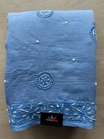 Ice Blue Handcrafted Chikankari with Bead Work Chanderi Silk Cotton Saree - 33194