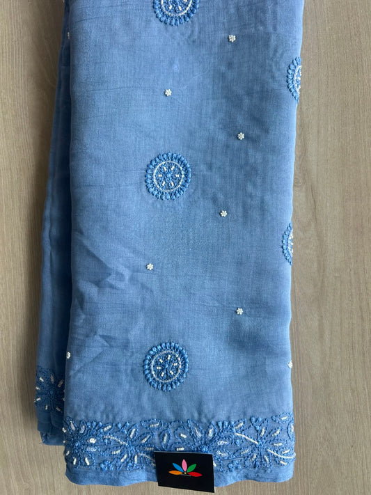 Ice Blue Handcrafted Chikankari with Bead Work Chanderi Silk Cotton Saree - 33194