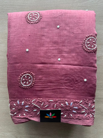 Deep Blush Shade Handcrafted Chikankari with Bead Work Chanderi Silk Cotton Saree - 33195