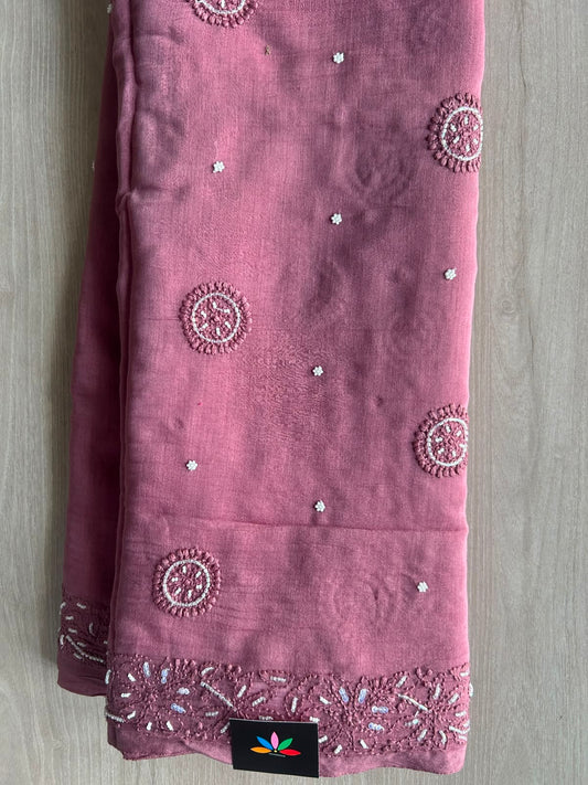 Muted Pink Handcrafted Chikankari with Bead Work Chanderi Silk Cotton Saree - 33195