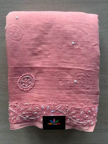 Soft Pink Handcrafted Chikankari with Bead Work Chanderi Silk Cotton Saree - 33196